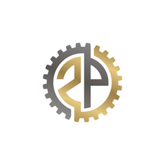 Initial letter Z and P, ZP, interlock cogwheel gear logo, black gold on white background