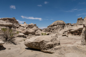 Bisti Badlands in New Mexico landscape of barren grey rock formations 