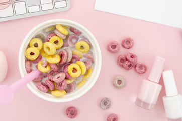Morning cereal breakfast and nail polish