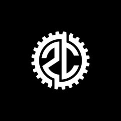 Initial letter Z and C, ZC, interlock cogwheel gear monogram logo, white color on black background