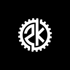 Initial letter Z and K, ZK, interlock cogwheel gear monogram logo, white color on black background