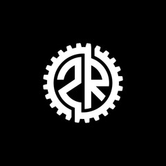 Initial letter Z and R, ZR, interlock cogwheel gear monogram logo, white color on black background
