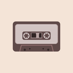 Cassette tape on the beige background. Audio tape. Cassette tape icon. 80's revival, retro concept. Vintage music and sound. Mixtape recording. Vector illustration, flat style, clip art.