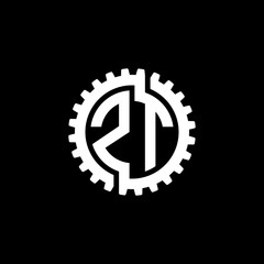 Initial letter Z and T, ZT, interlock cogwheel gear monogram logo, white color on black background