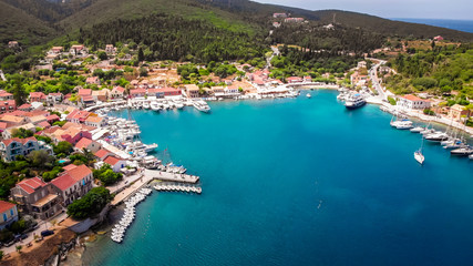 Fototapeta na wymiar Aerial view of sailboats in the marina in Lefkada, popular tourist resort in a Greece