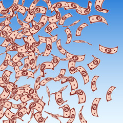 Russian ruble notes falling. Floating RUB bills on