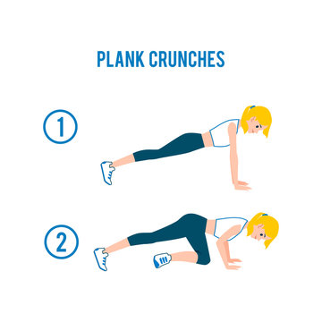 Plank Crunches - Fitness Exercise Steps For Abs And Core Workout