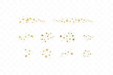 Set of golden falling stars. Cloud of golden stars isolated on transparent background. Vector illustration. Meteoroid, comet, asteroid, stars