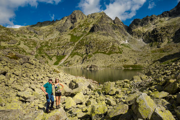Fototapeta premium Tourists going to Rysy Tatra mountains
