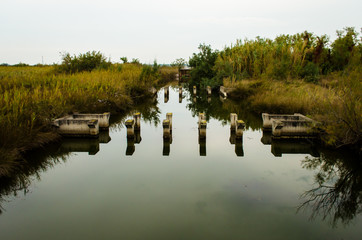 Fototapeta na wymiar Panorama di un canale di Sant'Erasmo, isola della laguna di Venezia, in una giornata nuvolosa