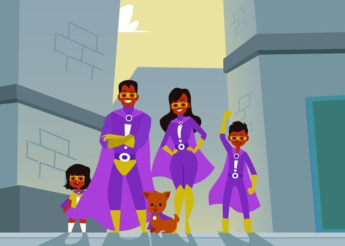 Afro American family of dark skinned superheroes in purple suits and capes.