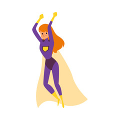 Red haired caucasian girl or woman superhero in a costume and cape in action.