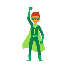 Plakat Teenage boy a member of super heroes family in costume and cape flat cartoon vector illustration isolated.