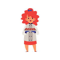 Girl in a professional chef costume cooking flat vector illustration isolated.