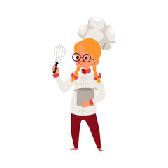 Little Caucasian girl blonde with glasses and a cook uniform and hat.