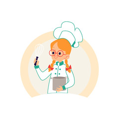 Girl cook in chef clothes holding a pot and a whisk.