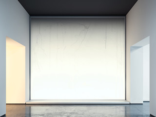 Illuminated blank white Canvas placard or billboard or wall in showroom, 3d rendering.