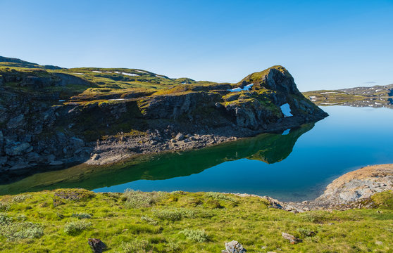 View of Skjelingavatnet lake, Vik i Sogn, Norway. July 2019