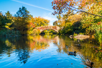 Central Park pond with bridge in autumn colors