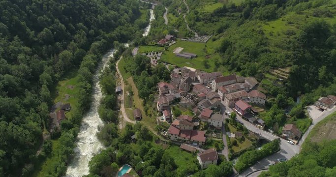 Choranche village in Bourne gorges, aerial traveling, Vercors, France