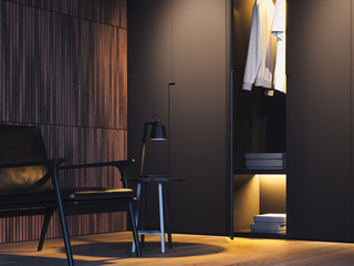 Modern stylish wardrobe room with wooden walls and floor near black armchair. 3d rendering.