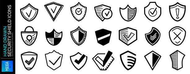 Hand drawn security shields icons, sketch of safety, defense confirmation marks