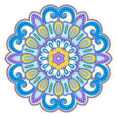 Decorative colorful ethnic mandala pattern. Design element for greeting card, banner or poster in oriental style. Hand drawn illustration