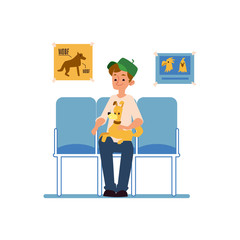 A man with his pet dog is sitting and waiting for a reception at the veterinary clinic.