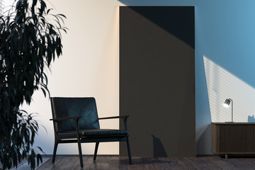 Blank black poster in modern stylish room interior on bright wall near black armchair. 3d rendering.