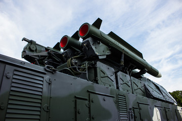 Anti-aircraft missile system. Green army vehicle. Close up view