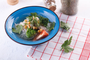 diet chicken soup with broccoli and chickpeas