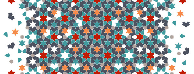 Ramadan vector seamless border. Geometric halftone texture with color tile disintegration