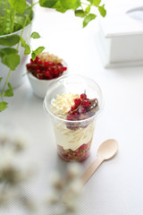  Dietetic catering. Yogurt with whipped cream, fruit and granola.