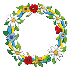 Ukrainian wreath with flowers. Flowers with blue and yellow ribbon. Beautiful decoration of flowers.