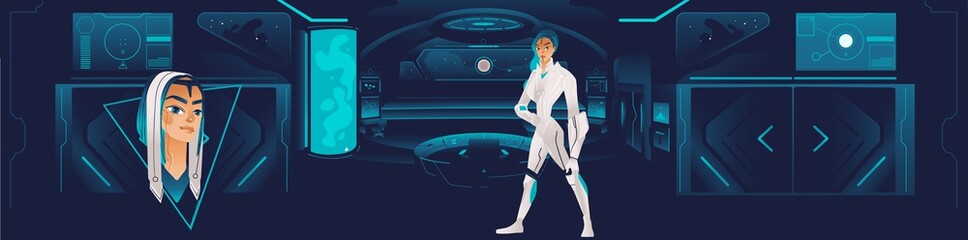 The interior of the spaceship with a futuristic girl or a woman from the crew. © sabelskaya