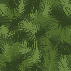 Camouflage needles plants, seamless pattern. Grunge branches and herbs green hand drawn camo background. Distressed texture wallpaper. Fabric design. Ink vector 