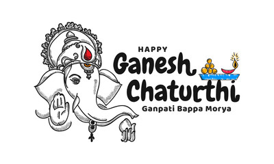 Happy Ganesh Chaturthi. creative doodle calligraphy for indian festival ganesh chaturthi text and vector sketch of lord Ganesha