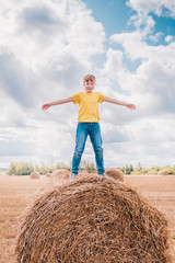 Naklejka na ściany i meble Little cute red-haired farmer boy on a stack in a field on a hot day