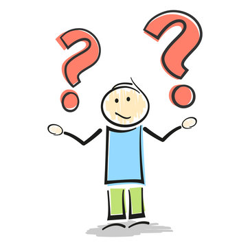 confused stickman character making shrug gesture with question marks vector illustration