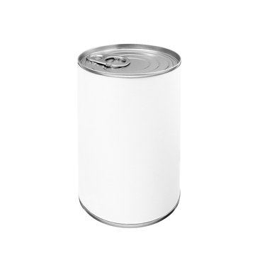 Food tin can mockup with blank white label isolated on white background, front view closeup picture, product packaging with copy space