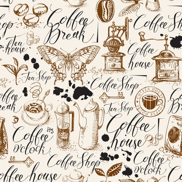 Vector seamless pattern on of tea and coffee theme in retro style. Repeatable background with hand-drawn items, butterfly, spots and handwritten inscriptions. Suitable for wallpaper or wrapping paper
