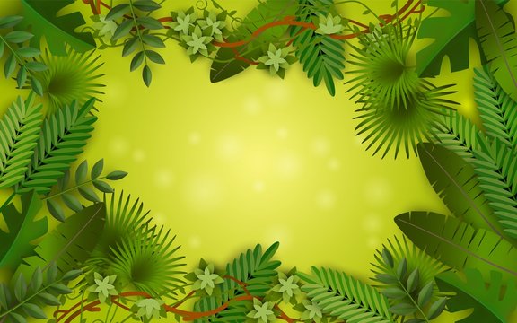 Green tropical jungle frame with lush colorful leaves of different exotic palm trees and plants