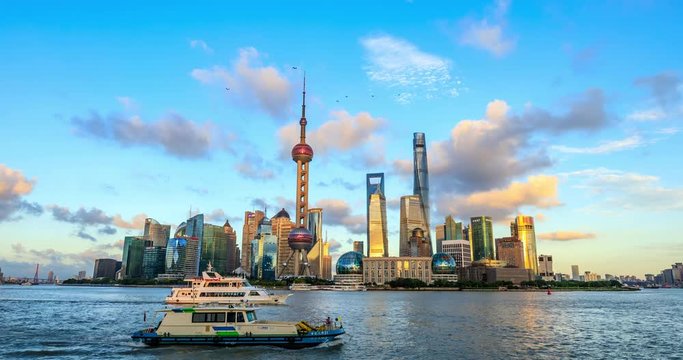 Shanghai skyline and modern urban buildings at sunset,time lapse.