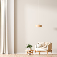 Empty wall mock up in Scandinavian style interior with wooden armchair. Minimalist interior design. 3D illustration.