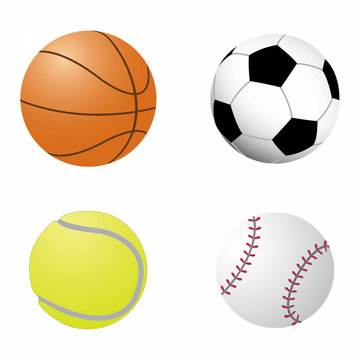 Ball collection. Sports equipment game balls football, basketball, tennis and baseball