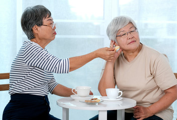One Asian elderly woman try to reconcile to the other one with cookie during the tea time near balcony in the house.