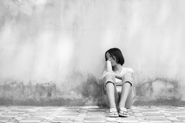 asian girl sad alone ,black and white  tone