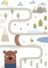 Scandinavian vector maze. Cartoon roads with mountain, forest, lake, flowers, bear, moon, clouds. Vector maze cartoon poster. use it to print on the carpet for the decor of the children's room.