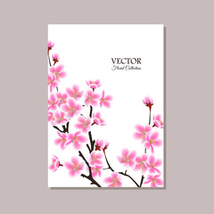Greeting card, banner or wedding invitation with blooming sakura branches in flowers.