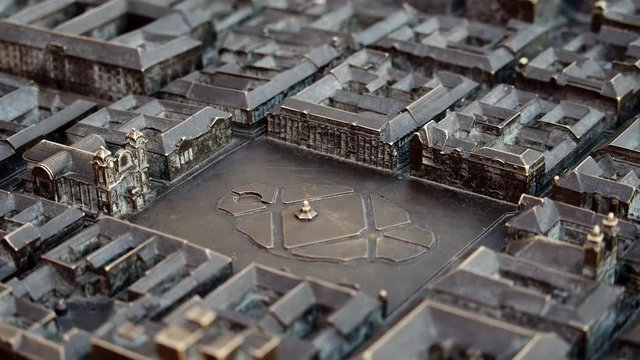 View of symbolic old bronze map placed on Liberty-Square in Timisoara, Romania, and representing the principal buildings from historical old town Timisoara.